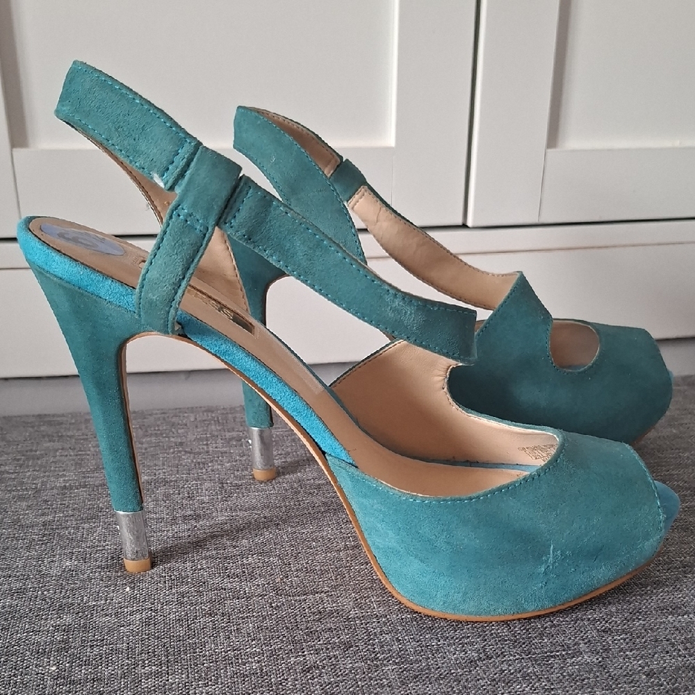 Guess Teal Suede‎ Slingback Peep-Toe Heels